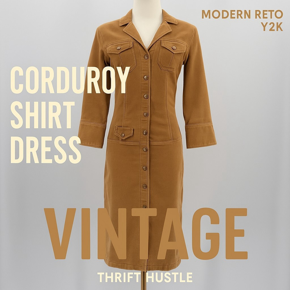 Womens Corduroy Shirt Dress S Tan Stretch Utility Y2K Style Button Front Vintage - Picture 2 of 15